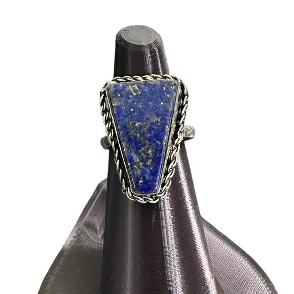 Lapis lazuli triangle semi-precious gemstone ring sterling silver plated 8 - Picture 1 of 6